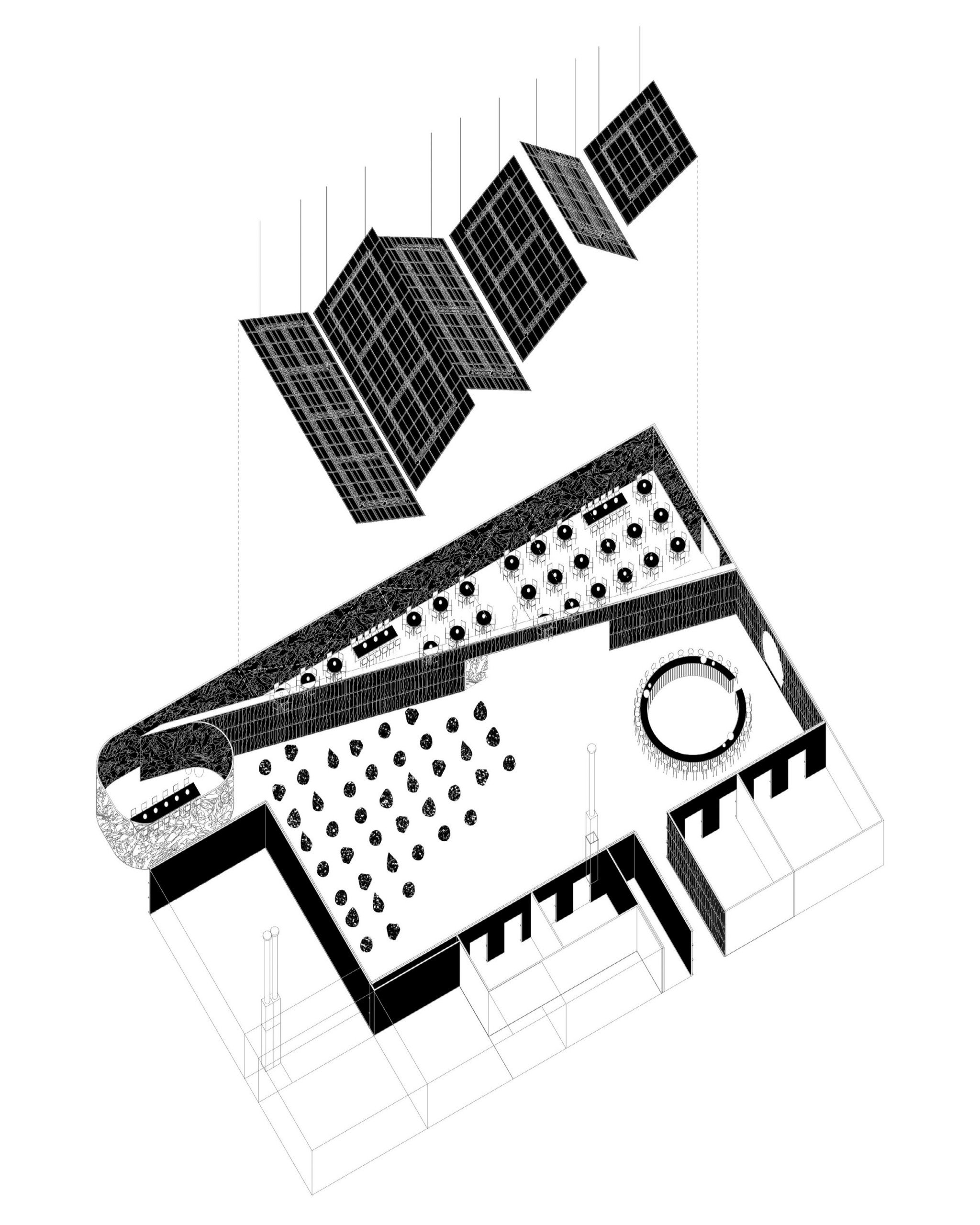 Exploded axonometric drawing of the light planes above the lounge plan
