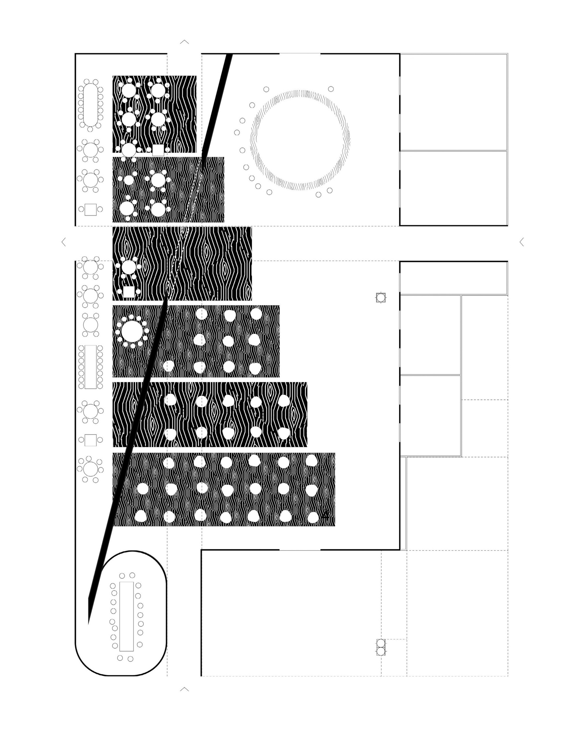 Plan of the lounge divided by a diagonal wall into a dark zone and a light zone