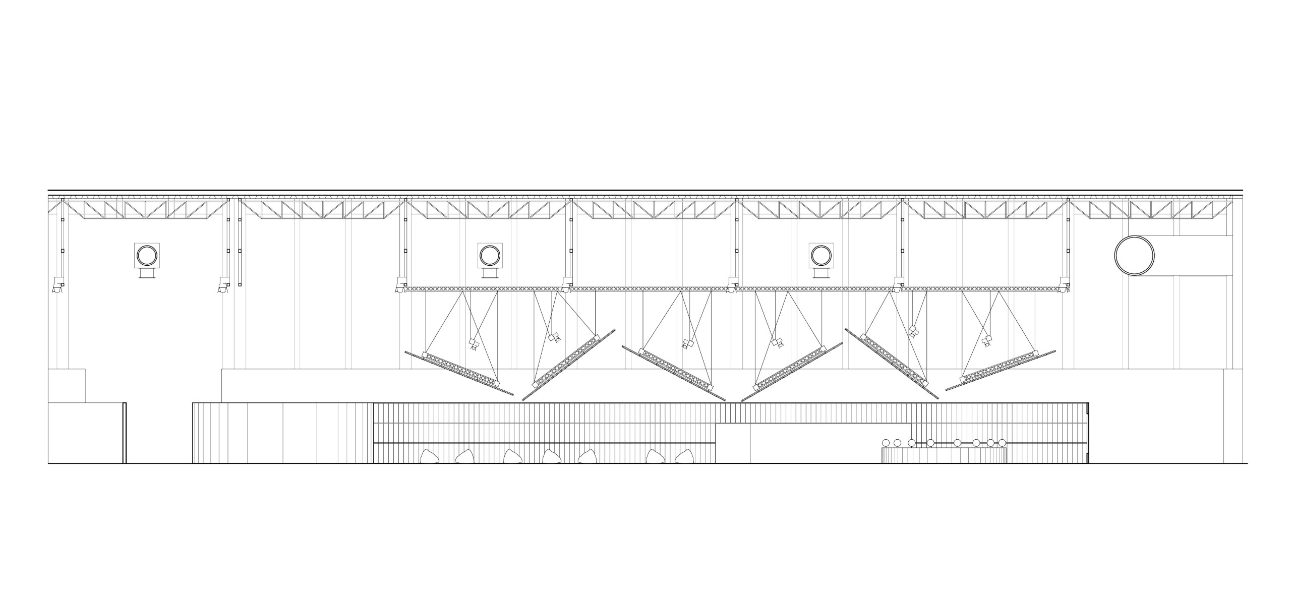 Long section drawing of the lounge showing planes hung from trusses