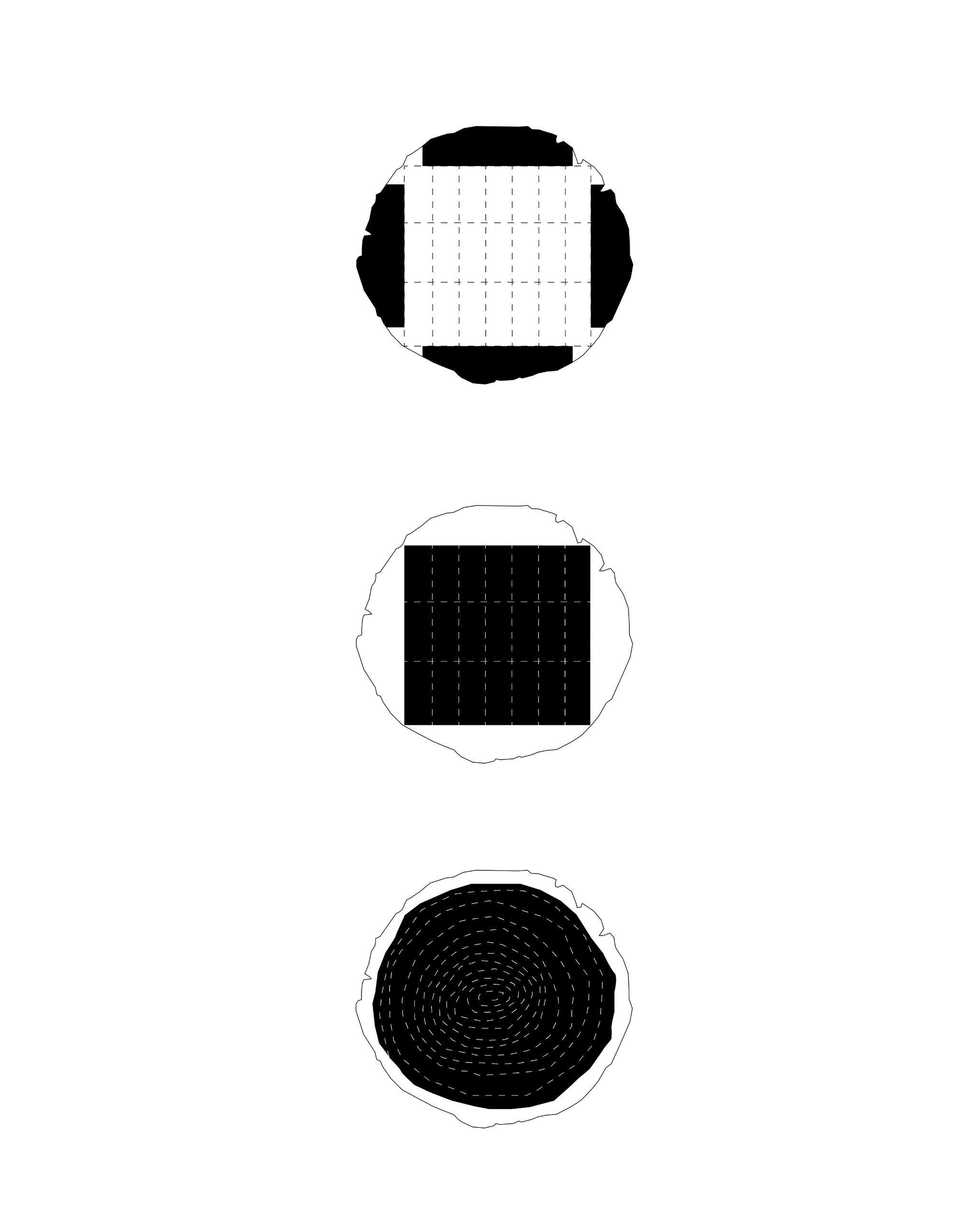 Diagram of three trunk sections showing outer slabs, a square sawn core and a peeled veneer spiral