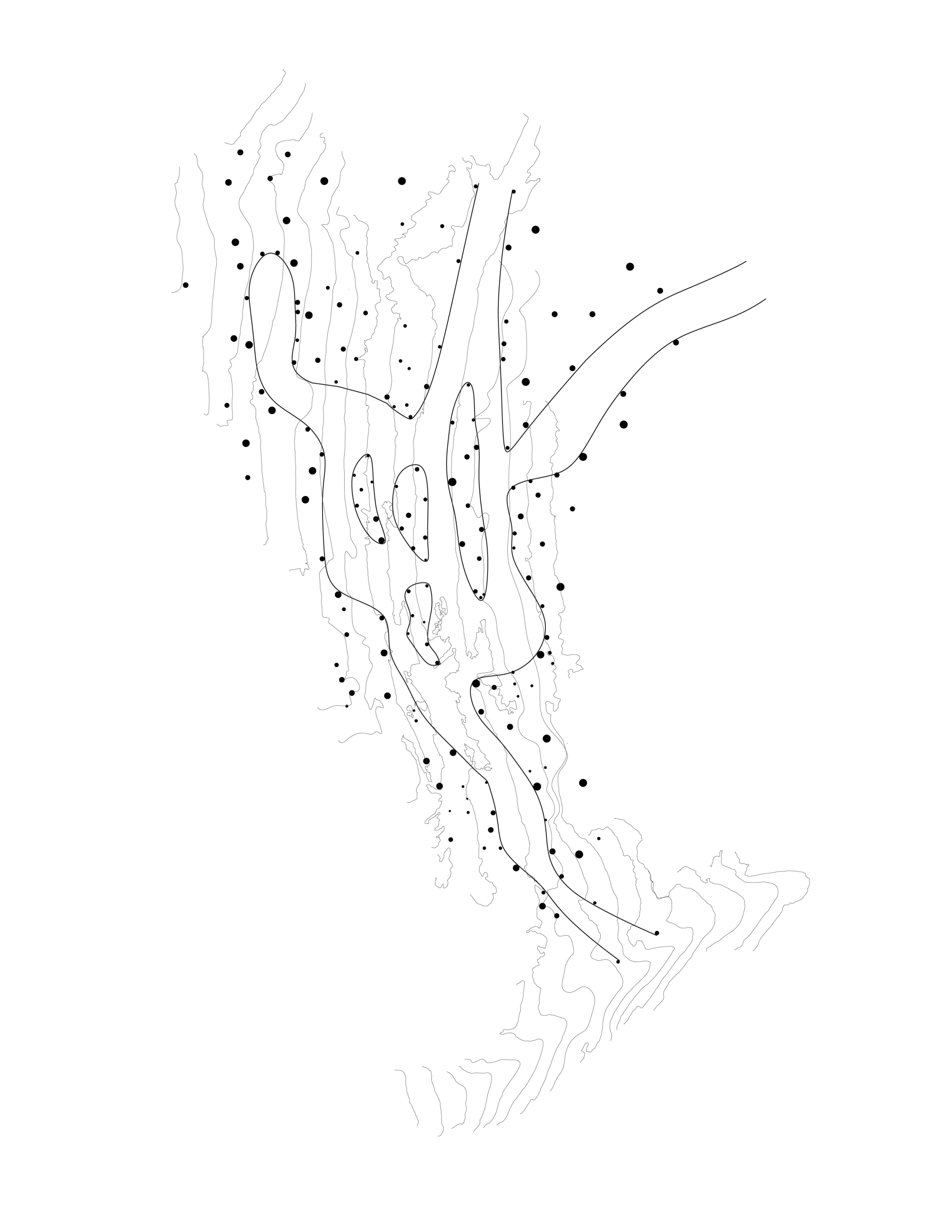Line drawing of the Ice Garden site plan showing walls threading between tree positions
