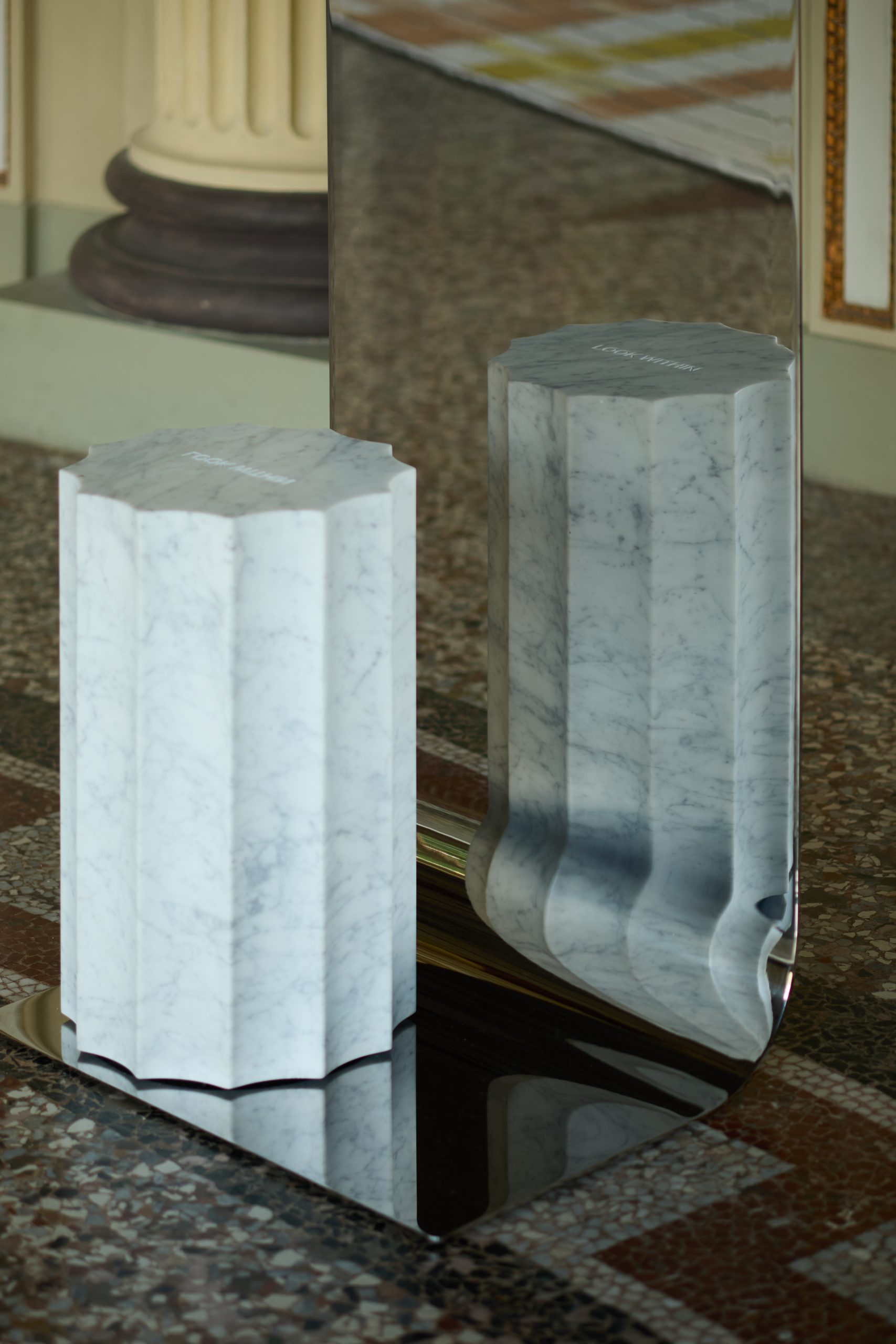 Sculptural marble and reflective steel forms in Studio von Schoenebeck's Meditations