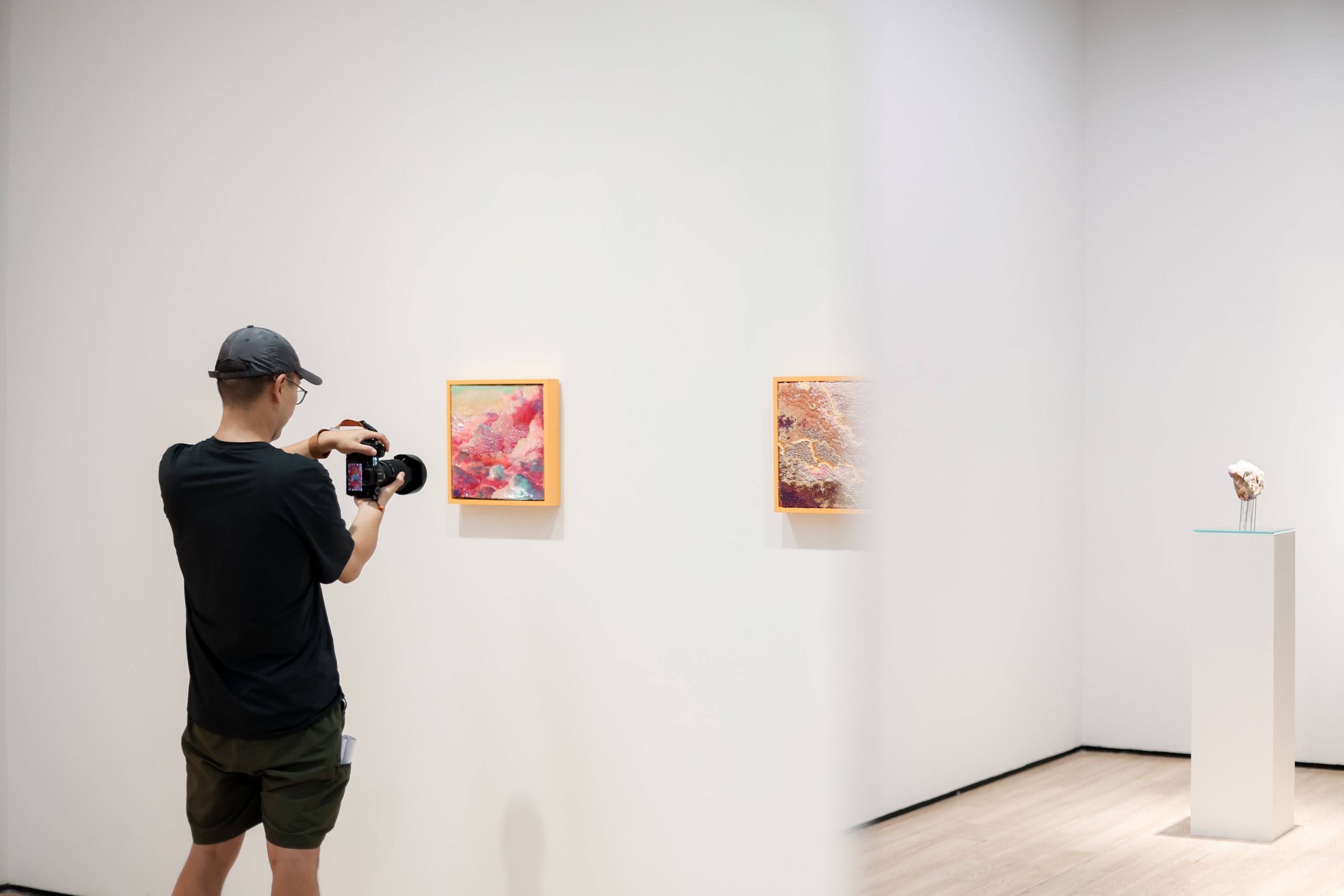 A videographer filming works in the gallery