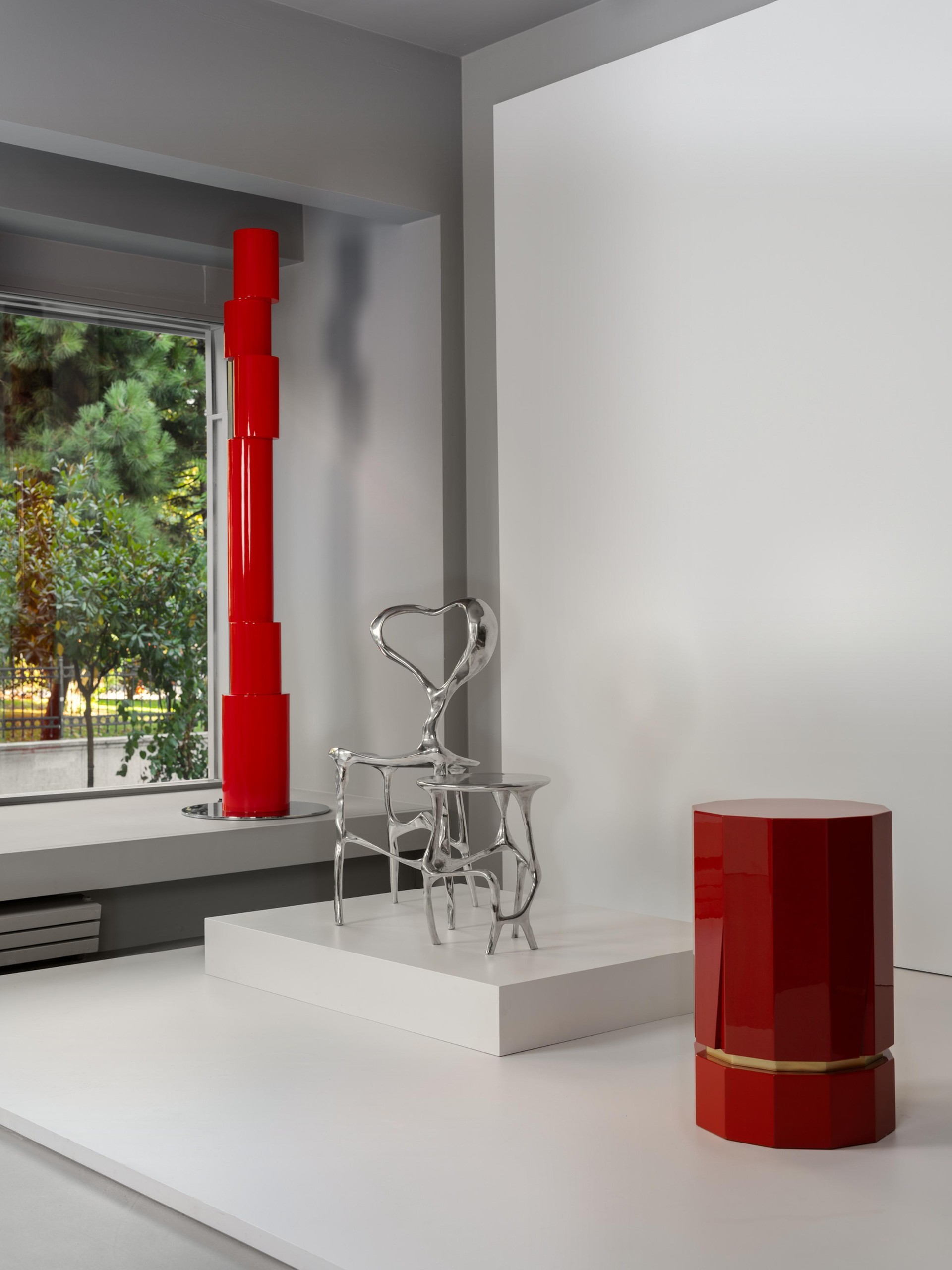 Sami Savatli, LOVE chair and side table, with Zeynep Fadıllıoğlu’s Gloss side table and Tayfun Mumcu’s GON floor lamp at ARKOBJECT, Istanbul