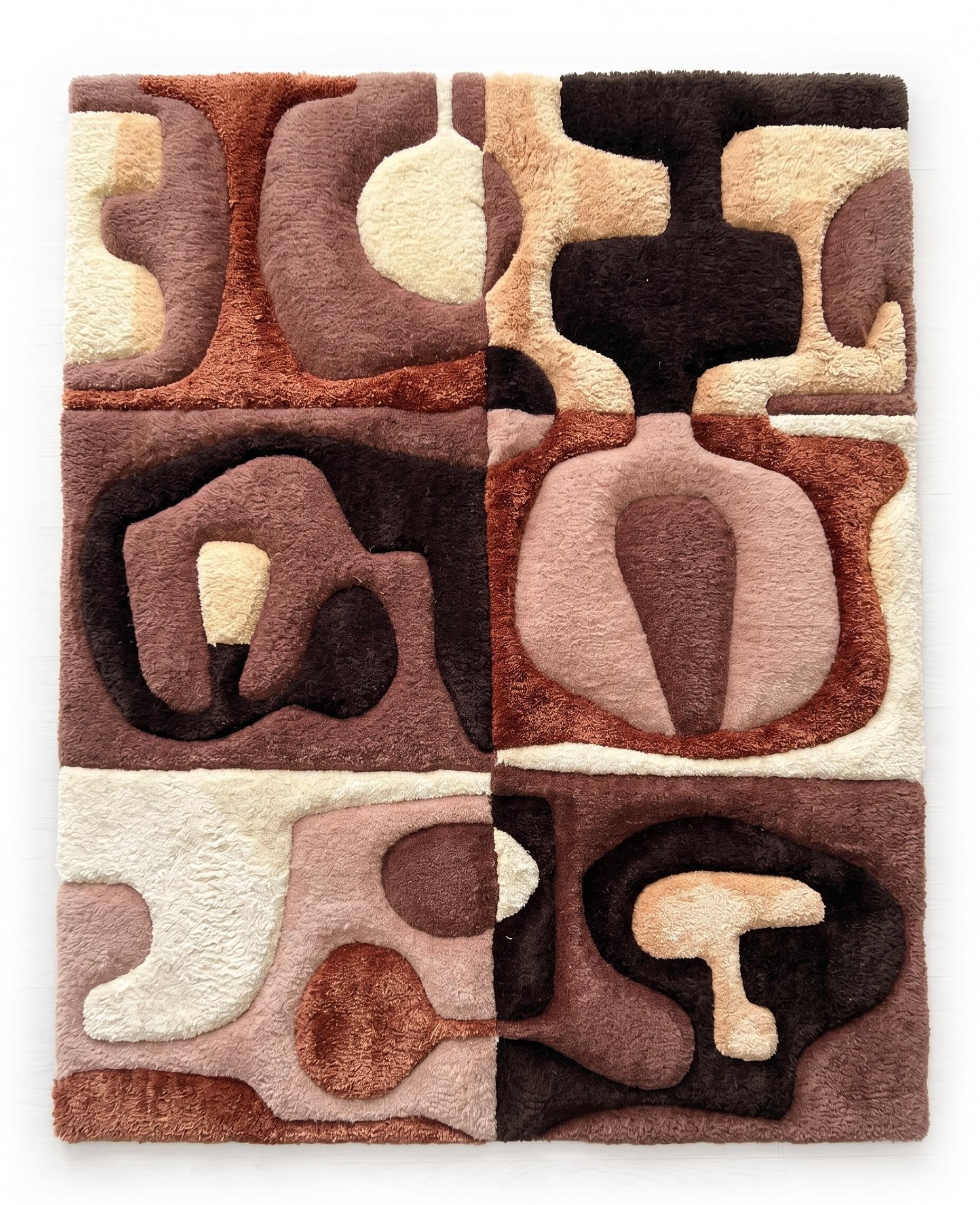 Brown and pink rug with sculptural forms