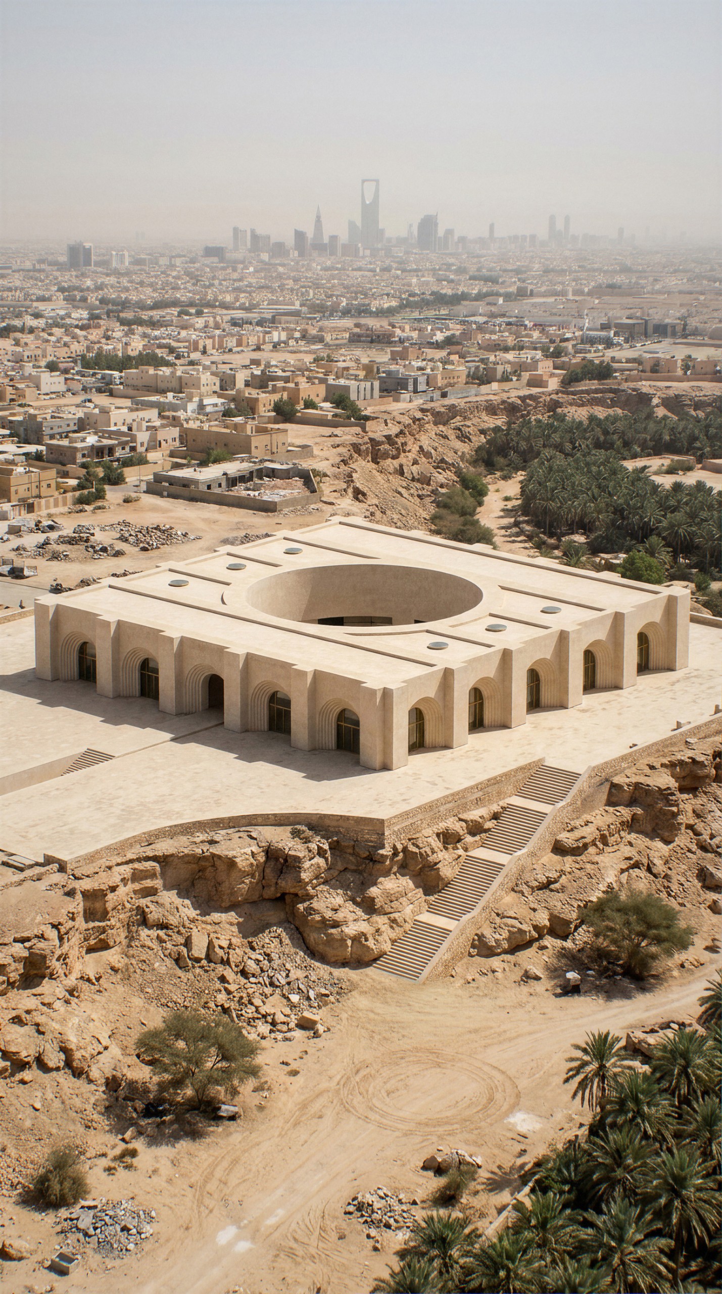Museum of Contemporary Art Riyadh by Balzar Architects, aerial view: the square of walls around the circular court