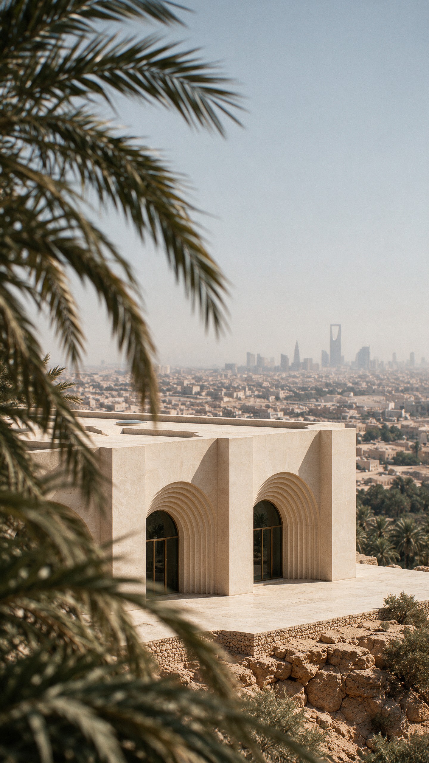 Museum of Contemporary Art Riyadh by Balzar Architects, arches between palms, the city beyond
