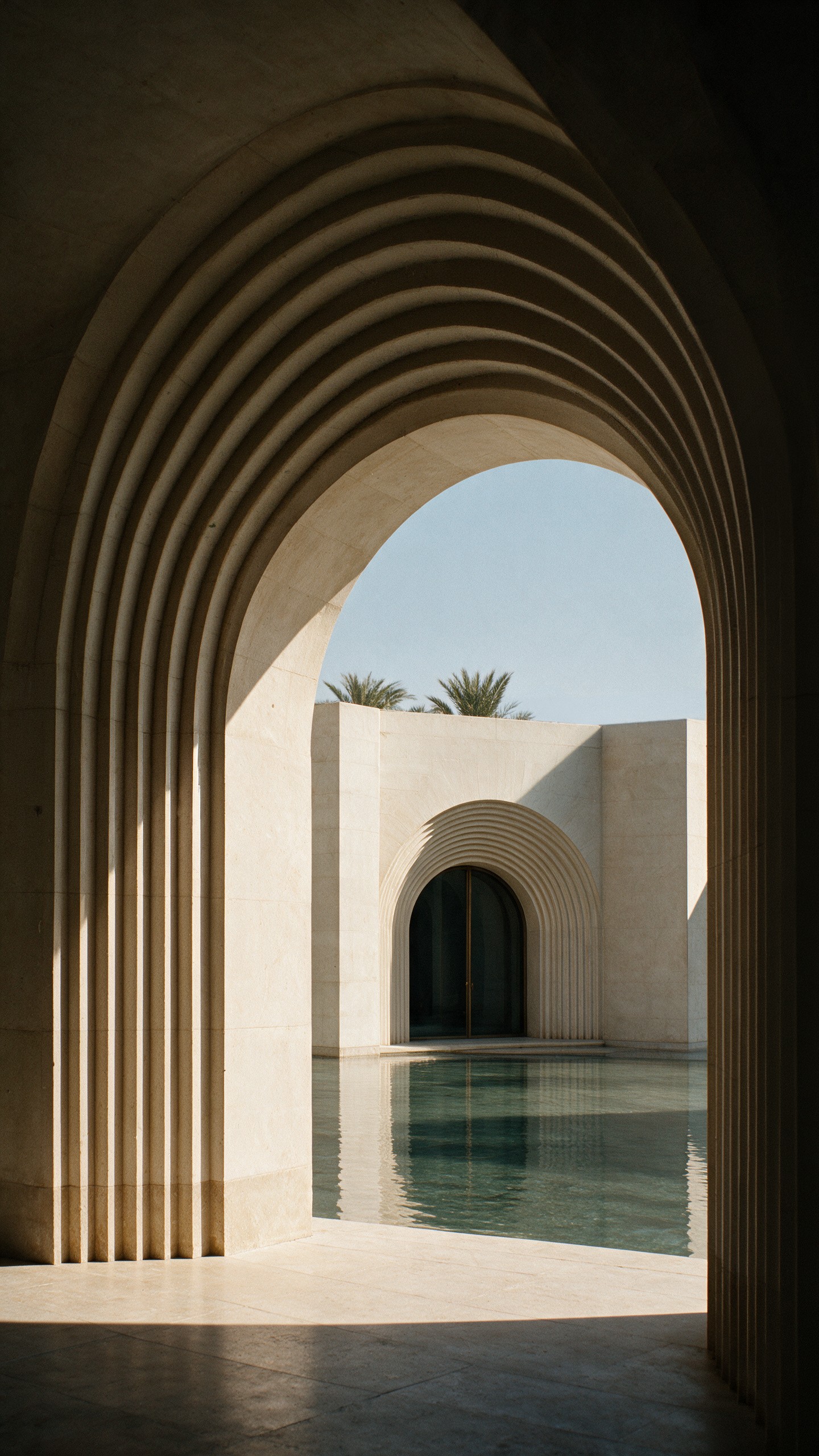 Museum of Contemporary Art Riyadh by Balzar Architects, an arch seen through another, water between them