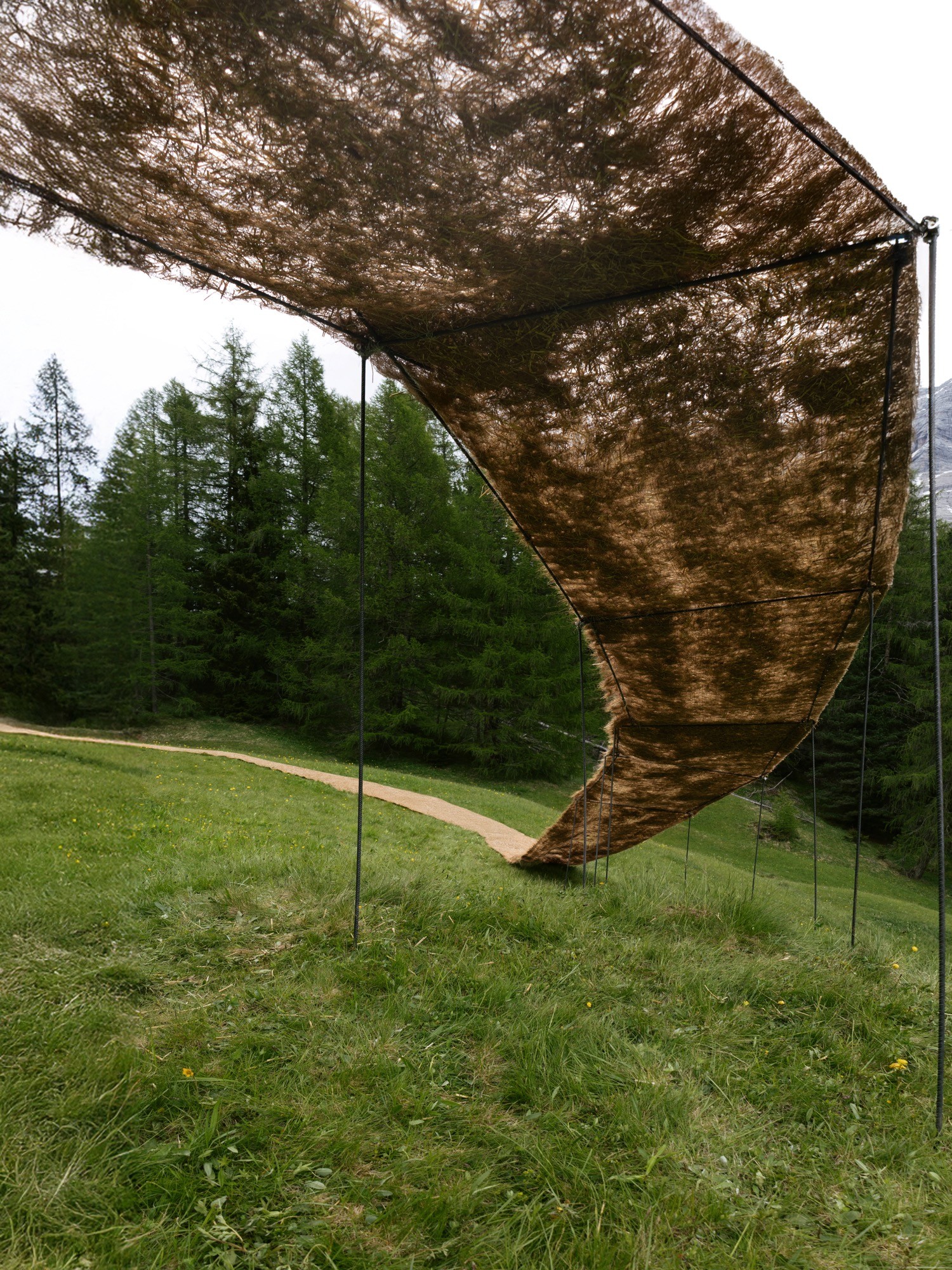 Trace of Land by ELSE, a meandering hay canopy across the Armentara meadows in Val Badia