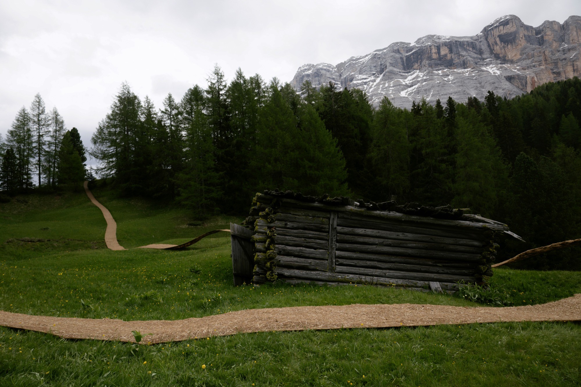 Trace of Land by ELSE, a meandering hay canopy across the Armentara meadows in Val Badia