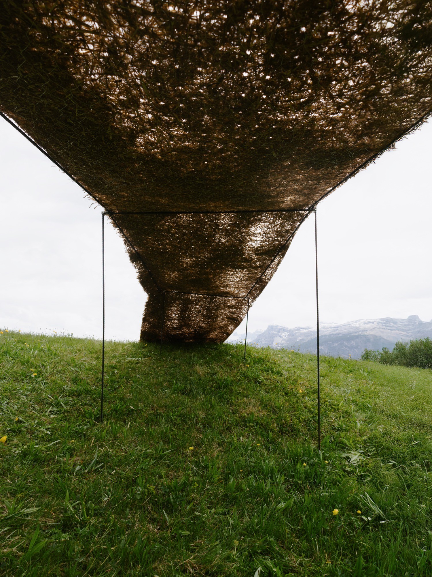 Trace of Land by ELSE, a meandering hay canopy across the Armentara meadows in Val Badia