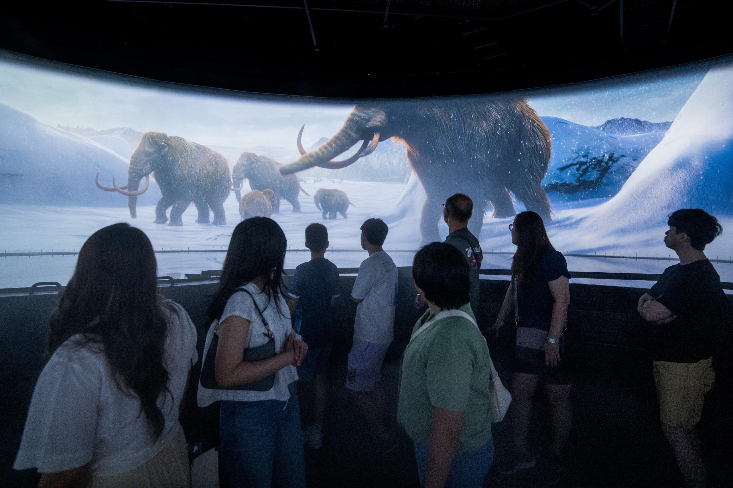 Visitors watching a panoramic show of mammoths