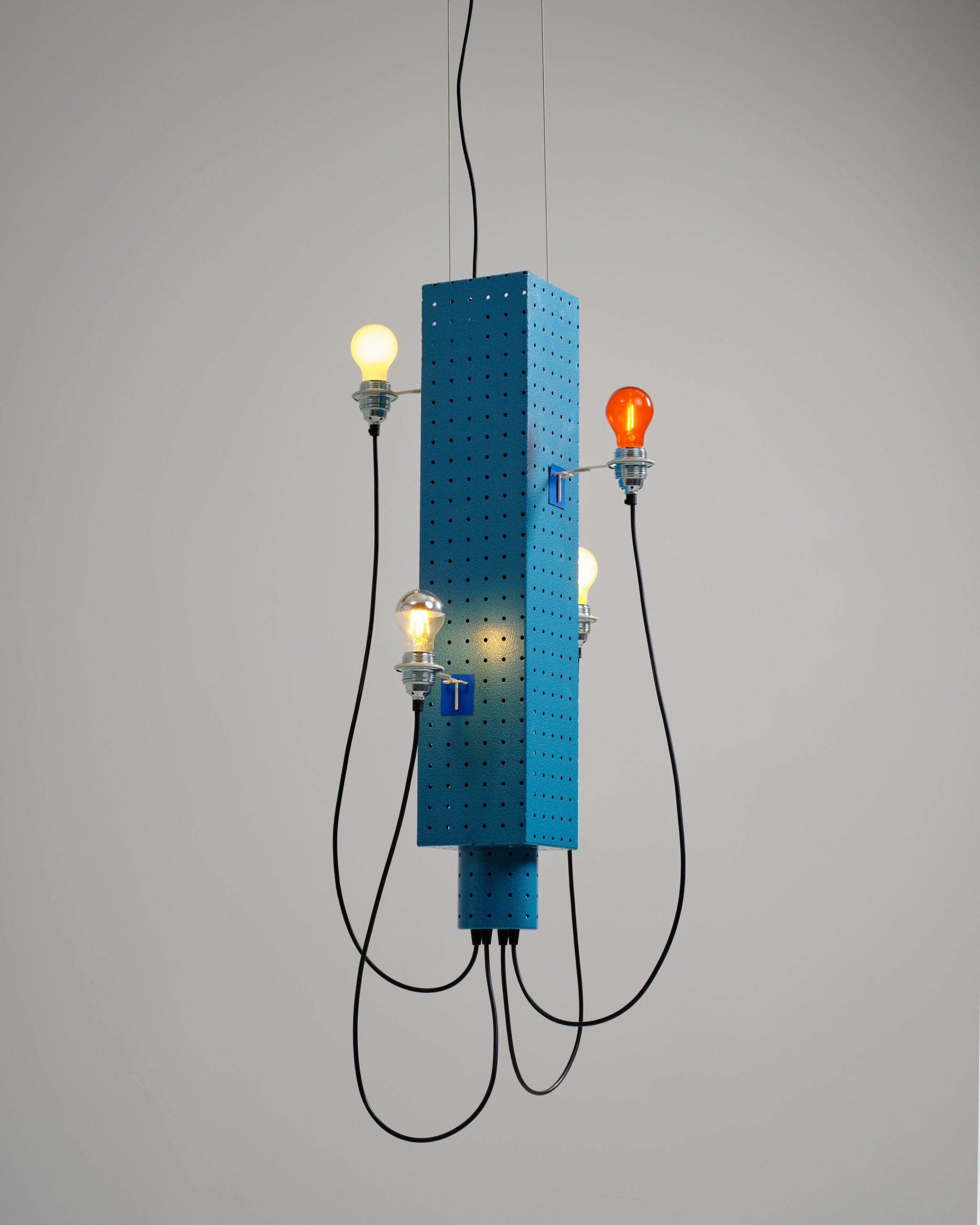 Blue pegboard pendant lamp with several bulbs