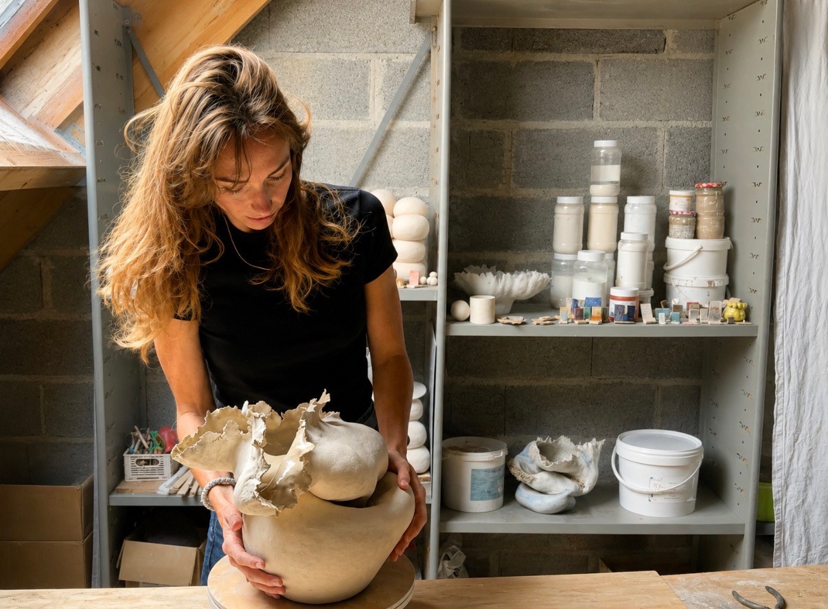 Manon Benoit with her work in her ceramics studio.