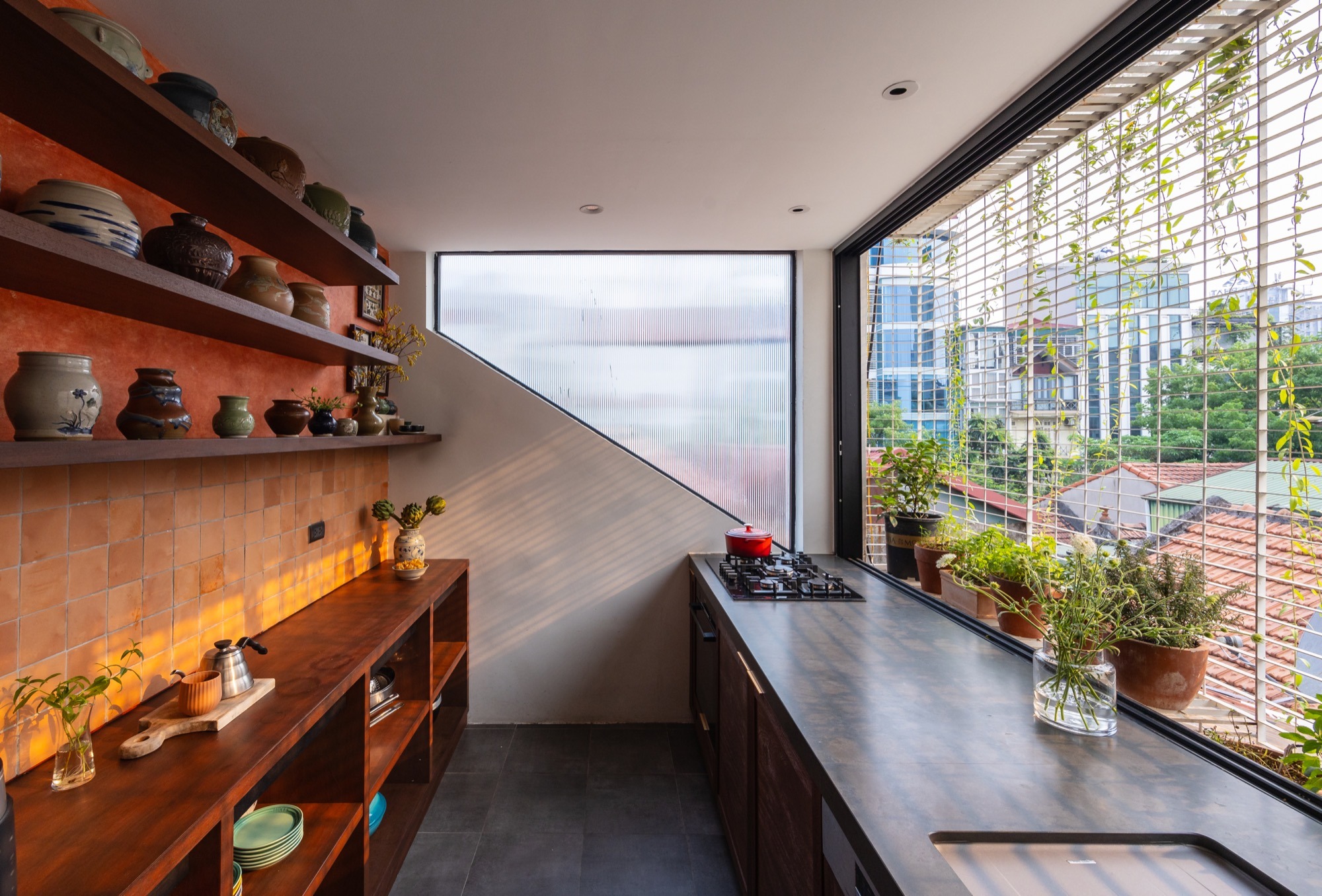 Kitchen shelving and the counter by the window